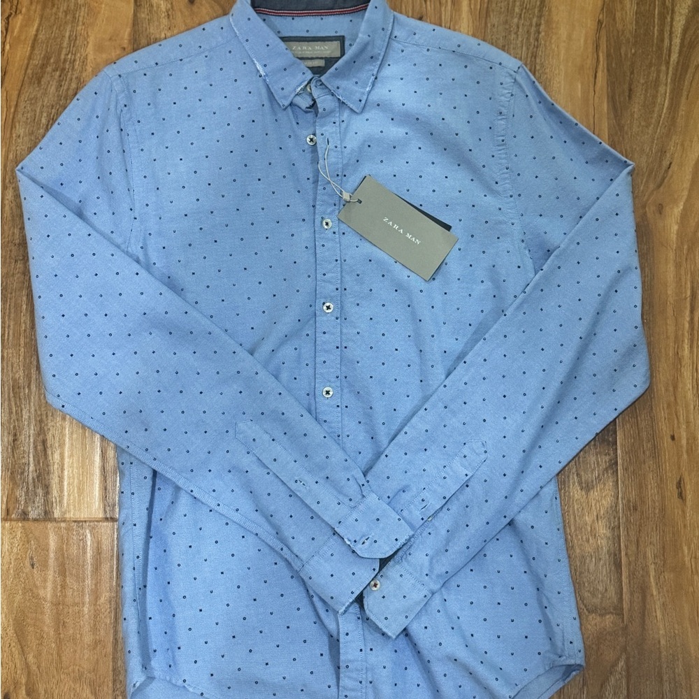 NWT Zara Men's Light Blue Print Button-Down Shirt